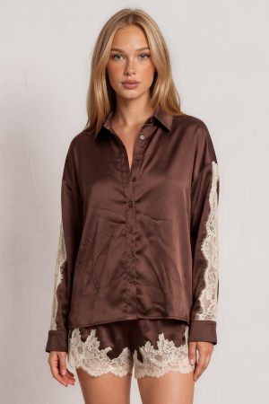 BTP1301C<br/>SCALLOP EDGE LACE TRIM DETAIL SHIRTS & SHORTS SET